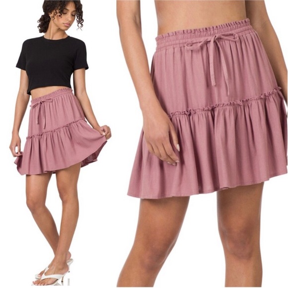 Soft linen mauve ruffle Womens skirt - Picture 3 of 4